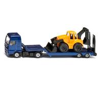 Siku 1761 Camion Man avec remorque surbaissée et chargeuse-Pelleteuse, 1:87, Métal/Plastique, Bleu/Jaune, Coffret Jouet, Remorque surbaissée Amovible, Bras d'excavatrice Mobiles