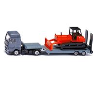 Siku 1762 Camion Man avec remorque surbaissée et Bulldozer, 1:87, Métal/Plastique, Rouge/Gris, Coffret Jouet, Remorque surbaissée Amovible, Lame de Bulldozer Mobile