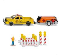 siku 3505, RAM 1500 Pick-up avec remorque compresseur,1:50, Métal/Plastique, Jaune/Orange, Figurine de jeu et barrières incluses