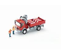 siku 3534, Camion avec zone de chargement et grue, 1:50, Métal/Plastique, Rouge, 2 figurines de jeu et 10 blocs de guidage du trafic inclus