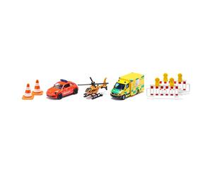 SIKU 6332, Coffret Cadeau Sauvetage, Ambulance VW Beetle, Ambulance Mercedes, Hélicoptère, Set de Jouets, Plastique/métal, Multicolore, 2 Balises de Signalisation et 2 Pylônes Inclus