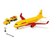 Siku Avion cargo 1702 DHL modèle réduit en plastique, accessoires, chariot à bagages, rouge/jaune
