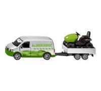 SIKU 2005 VW T6 avec Tracteur Tondeuse, 1:50, Portes ouvrables, remorque avec Fonction basculante, pneus en Caoutchouc, carrosserie en métal, Argent-Vert, Ensemble de Jouets de Jardinage