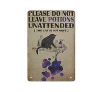 S'il vous plaît ne laissez pas les potions sans surveillance Le chat est un âne amoureux des chats Witchy Retro Tin Sign Metal Poster Vintage Sign Plate Coffee Bar Home Outdoor Decor Kitchen Iron Pain
