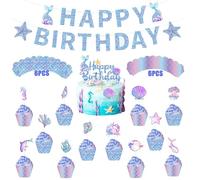 Silars Decoration Gateau Sirene Gateau Topper Anniversaire, Inclus 1pc Cake Topper Sirene, 12pcs Cupcake Topper, 1pc Guirlande et 12pcs Cupcake Wrappers, Decoration Gateau Fille pour Anniversaire