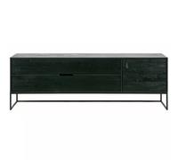 Meuble tv en frêne brossé noir, 2 tiroirs, 1 porte, 1 étagère, pied métal, poignée cuir, FSC - Woood, Silas - 180x44x61 cm