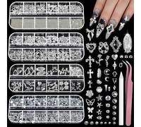 Silber Kit de Charms et Gemmes pour Ongles, 4 Boîtes de Strass Argent pour Ongles, Accessoires 3D Y2K, Charms de Croix pour Design d'Ongles Étoile, Perles Caviar pour Art des Ongles
