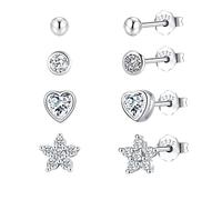SILBERTALE Lot de 4 paires de boucles d'oreilles en argent sterling 925 pour femme - Petites fleurs rondes CZ - Boucles d'oreilles dormeurs - Cartilage hélix - Zircon cubique - Ensemble pour plusieurs