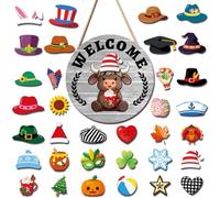 Sileduove Panneau de bienvenue interchangeable en forme de vache des hautes terres, plaque de jardin saisonnière, décoration de porte de ferme, ensemble de 35 pièces avec 17 chapeaux amovibles