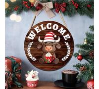 Sileduove Panneau de bienvenue interchangeable en forme de vache des hautes terres, plaque de jardin saisonnière, décoration de porte de ferme, ensemble de 35 pièces à faire soi-même avec 17 chapeaux