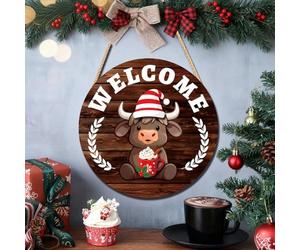 Sileduove Panneau de bienvenue interchangeable en forme de vache des hautes terres, plaque de jardin saisonnière, décoration de porte de ferme, ensemble de 35 pièces à faire soi-même avec 17 chapeaux
