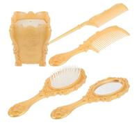 SILENRADAWN Lot de 5 set de Brosses à Cheveux de Salon Dorées avec Miroir Vintage Peigne Démêlant pour Maison Support de Rangement Compact pour Cosmétiques et Accessoires de Coiffure