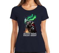 Silent Night Violent Knight T-shirt de Noël pour femme avec hache viking et aurore boréale, bleu marine, XL