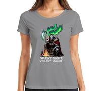 Silent Night Violent Knight T-shirt de Noël pour femme avec hache viking et aurore boréale, gris, L