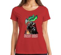 Silent Night Violent Knight T-shirt de Noël pour femme avec hache viking et aurore boréale, rouge, S