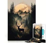 Silhouette de cerf dans Une forêt brumeuse Puzzle de 1000 pièces pour Adolescents Jeu de logique Solide Découpe de précision pour Les vœux du Père Noël 38x26cm