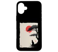 Silhouette de Chat Japonais Sumi-e Art et Soleil Rouge Coque pour iPhone 16 Plus
