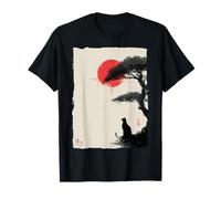 Silhouette de Chat Japonais Sumi-e Art et Soleil Rouge T-Shirt