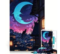 Silhouette de Chat Nocturne dans Une Ville Japonaise Puzzle de 1000 pièces pour Adultes Édition limitée Liste de souhaits du Père Noël (50x75cm)