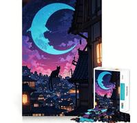Silhouette de Chat Nocturne dans Une Ville Japonaise Puzzle Difficile de 1000 pièces pour Adultes Stimule la mémoire Jeu apaisant Découpe de qualité supérieure (38x26cm)