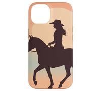 Silhouette de cowgirl sur cheval, coucher de soleil, désert occidental Coque pour iPhone 14