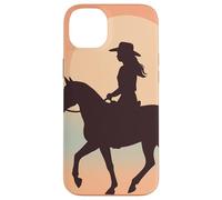 Silhouette de cowgirl sur cheval, coucher de soleil, désert occidental Coque pour iPhone 14 Plus