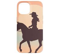 Silhouette de cowgirl sur cheval, coucher de soleil, désert occidental Coque pour iPhone 15