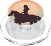 Silhouette de cowgirl sur cheval, coucher de soleil, désert occidental PopSockets PopGrip pour MagSafe
