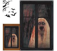 Silhouette de fenêtre d'halloween - Poster Effrayant en Tissu de Nonne sanglante | Fausse Couverture de fenêtre d'horreur | Toile de Photo effrayante pour intérieur ou extérieur Maison hantée