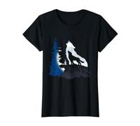 Silhouette de forêt de Montagne Double Exposition Loup Hurlant T-Shirt Graphique avec Valeur