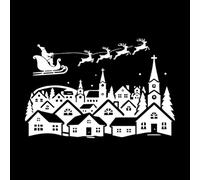 Silhouette de Noël sur un traîneau du Père Noël au-dessus d'un village enneigé Stickers gravés 50.4x75.7cm Amovible sans laisser de colle Blanc