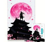 Silhouette de samouraï avec Lune Rose Puzzle de 1000 pièces pour Adolescents Jeu de réflexion et de création Collective Objet de Collection aux découpes nettes (50x75cm)