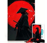 Silhouette de samouraï avec Lune Rouge Puzzle 1000 pièces pour Adolescents Jeu de logique Stimulant Amusant en intérieur Bordure Premium Cadeau mémorable (38x52cm)
