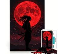 Silhouette de samouraï avec Lune Rouge Puzzle de 1000 pièces pour Adultes Jeu de logique et de précision pour Jouer à l'intérieur 50x75cm
