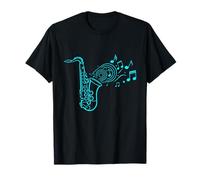 Silhouette de Saxophone Cyan Artistique Notes de Musique de Jazz Lisses T-Shirt