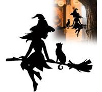 Silhouette d'Halloween en métal - Sorcière - Chat noir sur AST, piquets de jardin pour arbres, pelouse, décoration de terrasse - Panneau métallique étanche pour décoration d'art de terrasse (A)
