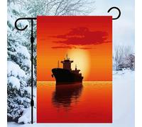 Silhouette du navire-citerne sur le drapeau de jardin rouge lever de soleil en lin 30,5 x 45,7 cm/décorations extérieures, unilatéral, drapeau de toutes saisons/cour, pour pelouse extérieure pour