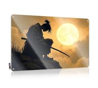 Silhouette d'un samouraï avec une épée contre une pleine lune Plaques Farm | Art mural décoratif occidental (30 x 40 cm)