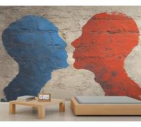 Silhouette d'un visage - Papier peint bleu et rouge graffiti brique - Papier peint mural à motif abstrait pour chambre d'enfant, salon - 450 x 300 cm