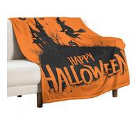 Silhouette Noire De Chauves-Souris Sorcières Et De Citrouille Couverture Canape Moelleuse Couverture Flanelle Peluche Plaid pour Salon Chaises Chambre 100x125cm
