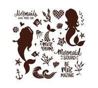 Silhouettes et illustrations de sirènes mignonnes, plantes marines, poissons, lettrage, citations Stickers lettrage 54.6x55.6cm Décoration de magasin Café