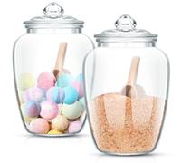 SiliFine Lot de 2 récipients à sel de bain avec couvercles hermétiques et cuillères en bois, grands bocaux d'apothicaire en verre pour sel d'Epsom, rangement de salle de bain, savon à lessive, farine