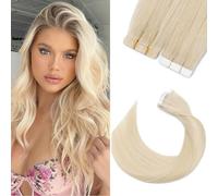 Silk-co 20PCS Extension Adhésive Cheveux Humains Naturel Rajout Cheveux Naturel Adhesif Noir de Jais Extension Adhesif Invisible (1.5g/pcs) 14 Pouces Extension Bande Adhésive, #60 Blond Platine