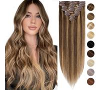 Silk-co 8pcs Extensions A Clip Cheveux Naturel - #4P27 Châtain & Blond Foncé - Rajout Cheveux Lustrés Raide Epaisseur Fine, 8 Pouces