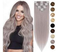 Silk-co Extension A Clip Cheveux Naturel 8 PCS Lisse Clips Cheveux Lustrés Extension Cheveux Humains Naturel Epaisseur Fine 18 Pouces, Gris