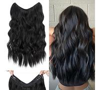 Silk-co Extension de cheveux avec élastique, Secrets Postiche synthétique réglable, Extensions avec cordon et clips, Extensions longues ondulées pour femmes, Noir corbeau 60cm
