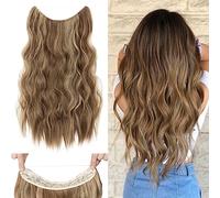 Silk-co Extensions de cheveux avec bande élastique, 40 cm, longues, ondulées, avec fil et clips, réglable, postiche Secrets, synthétiques, pour femme, marron clair et blond