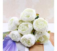Silk Floral 1 Bouquet Artificial Flowers Fall Vivid Rose Peony Fake Leaf Wedding Home Party Decoration(D White)
