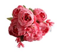 Silk Floral 1 Bouquet Artificial Flowers Fall Vivid Rose Peony Fake Leaf Wedding Home Party Decoration(C Red)