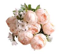 Silk Floral 1 Bouquet Artificial Flowers Fall Vivid Rose Peony Fake Leaf Wedding Home Party Decoration(C Champagne)